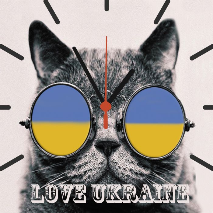 Прикольний настінний годинник Український кіт в очках